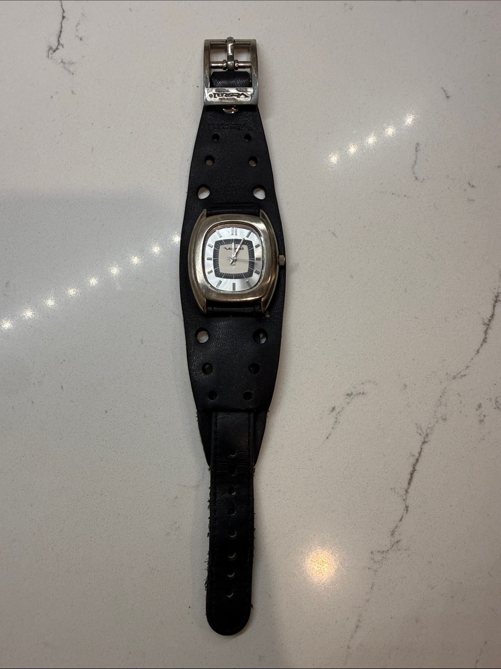 Vestal Black Leather Strap Watch with Silver Case